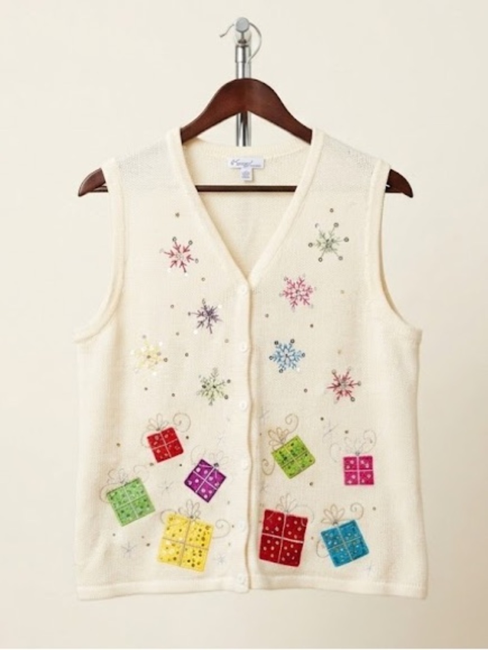 Kim Rogers Women’s XL Ivory Embroidered Sequin Christmas Sweater Vest